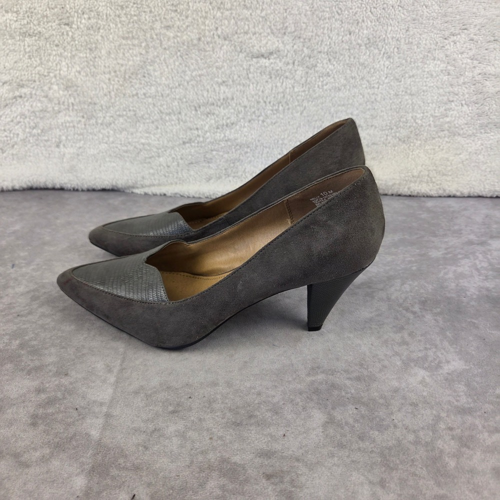 New Directions Nelly Gray Faux Suede Snakeskin Pointed Toe Kitten Heels 10M